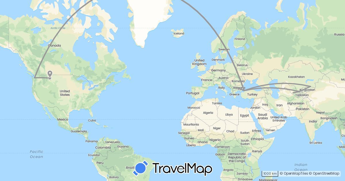 TravelMap itinerary: driving, plane in Bulgaria, Kazakhstan, Turkey, United States, Uzbekistan (Asia, Europe, North America)